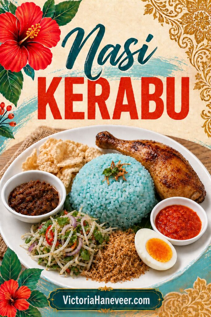 A plate of nasi kerabu, a Malaysian dish, with blue rice, chicken, sambal, boiled egg and more.