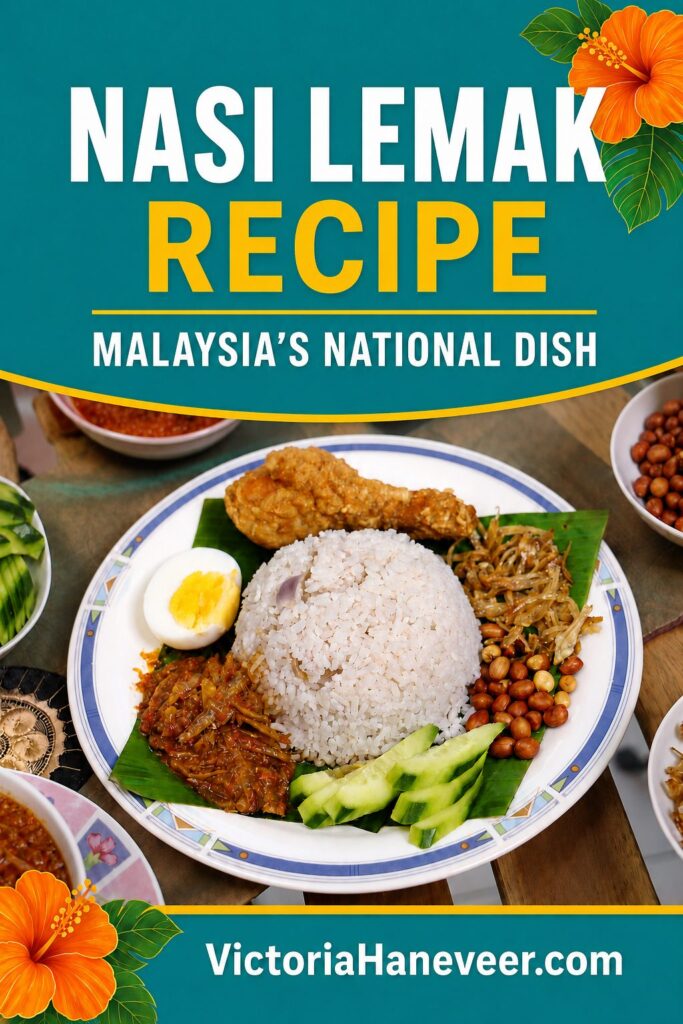 Nasi lemak, rice with egg, fried anchovies, cucumber and more, served on a banana loaf.