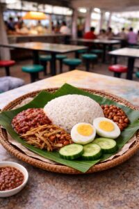 Nasi lemak on a table in a food court.