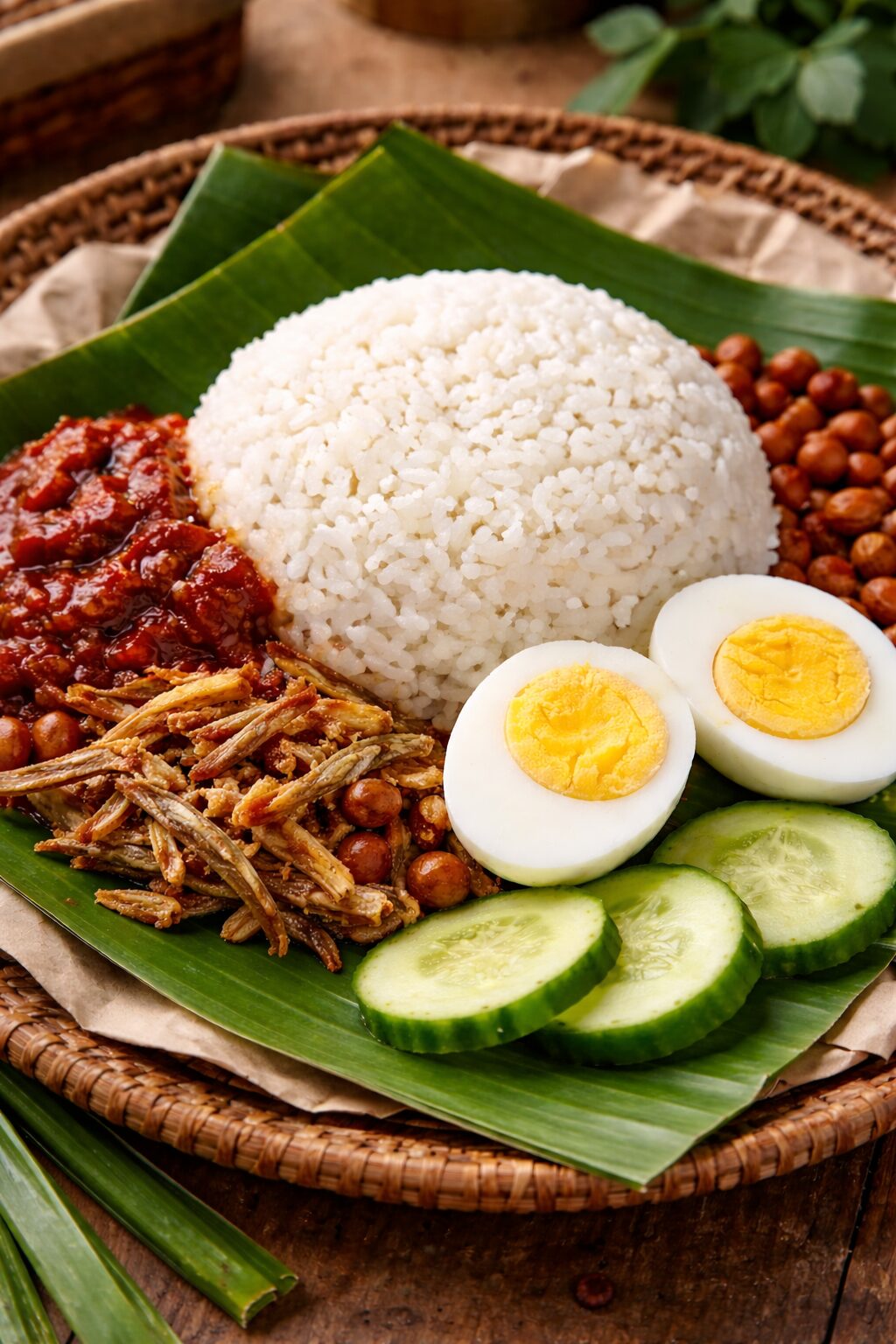 Traditional Malaysian nasi lemak plate with cucumber and sambal plus peanuts and a boiled egg. A typical breakfast dish in Malaysia.