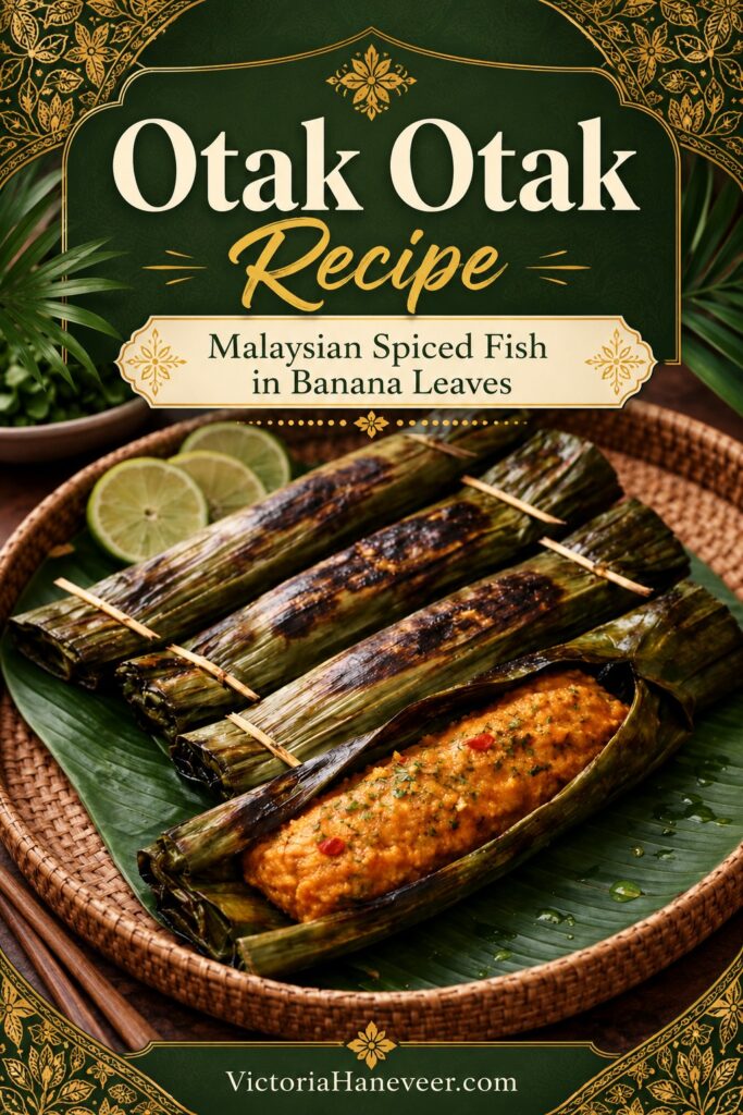 Grilled otak otak recipe served on a banana leaf.