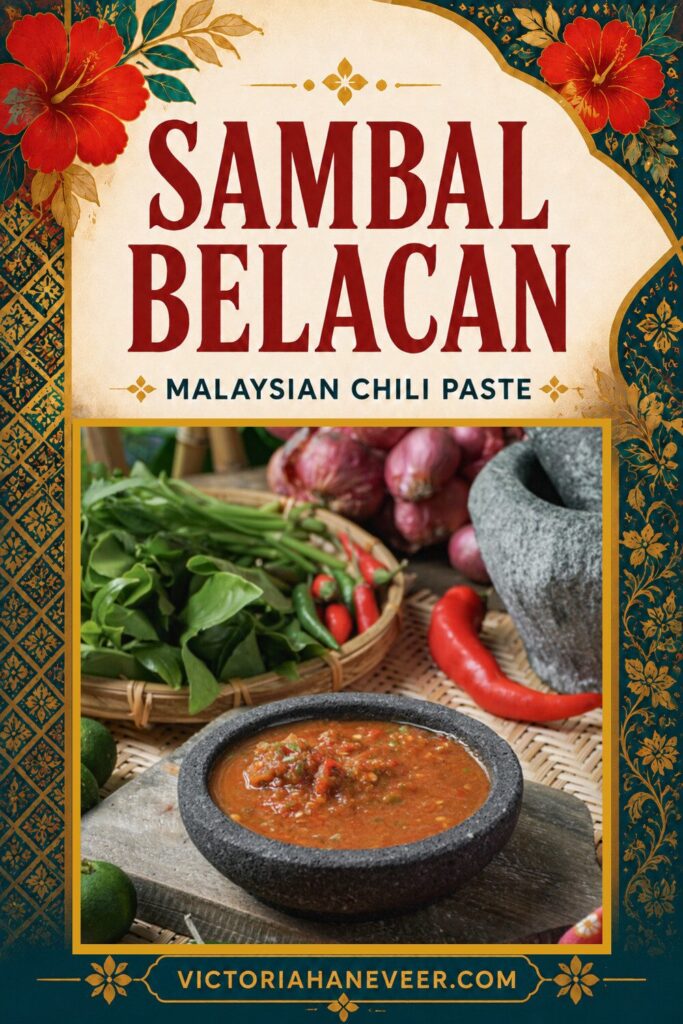 A bowl of Malaysian sambal belacan with chilies, onions and lime in the background.