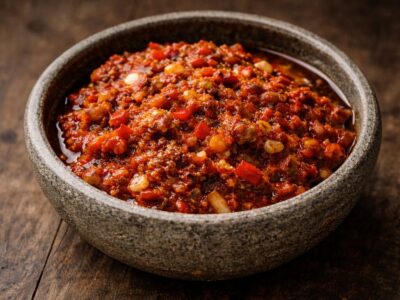 Sambal belacan in a ceramin dish