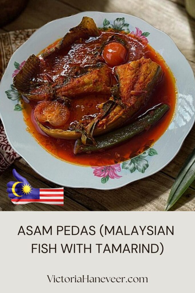 A dish of asam pedas, Malaysian fish with tamarind and chili in a porcelain dish.