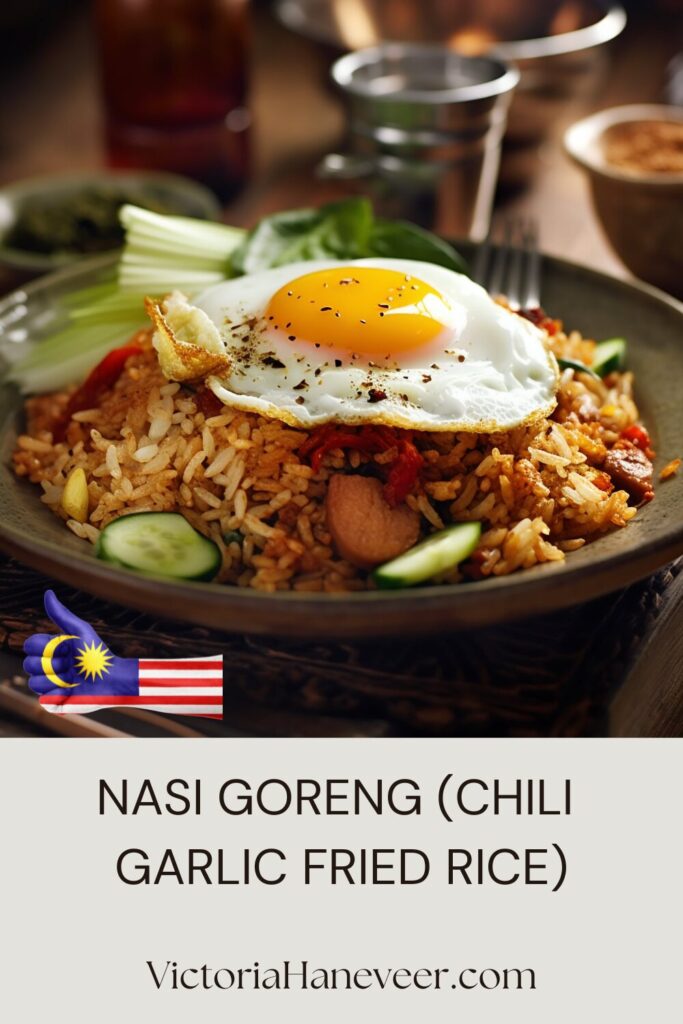 A plate of Malaysian nasi goreng fried rice topped with fried egg and served with cucumber.