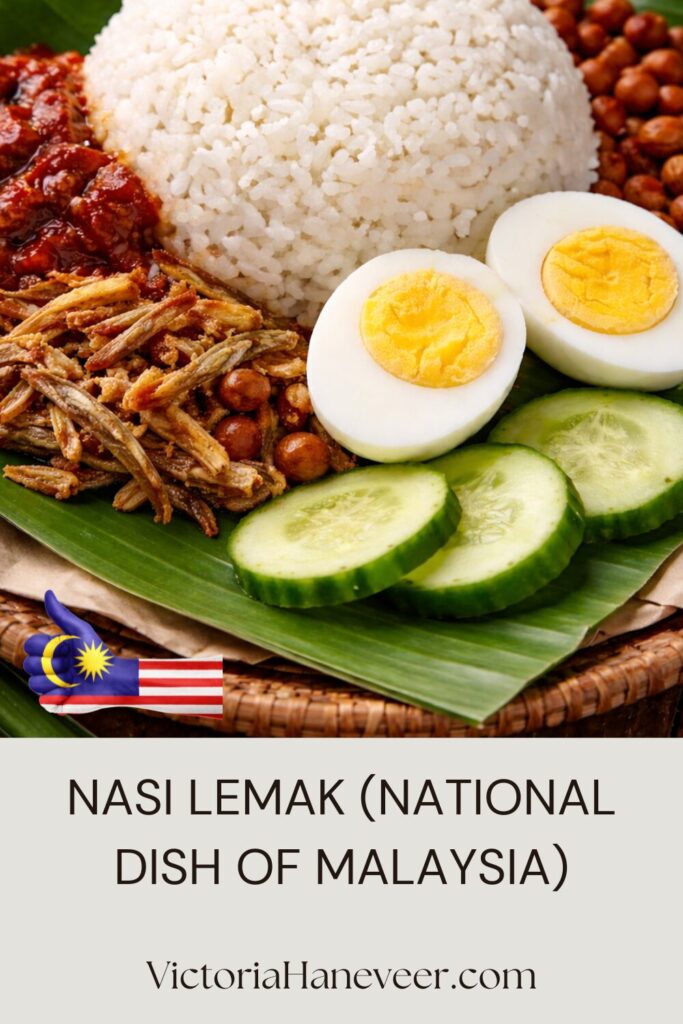 Nasi lemak coconut rice with sambal, anchovies, peanuts and egg.