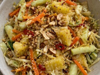 Malaysian acar with cucumber, carrot, cabbage and pineapple.