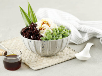 Malaysian cendol dessert with green pandan jelly over shaved ice.