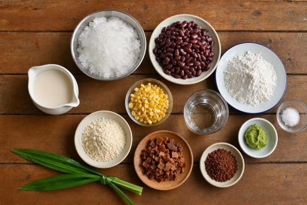Ingredients for making cendol on a wooden table.