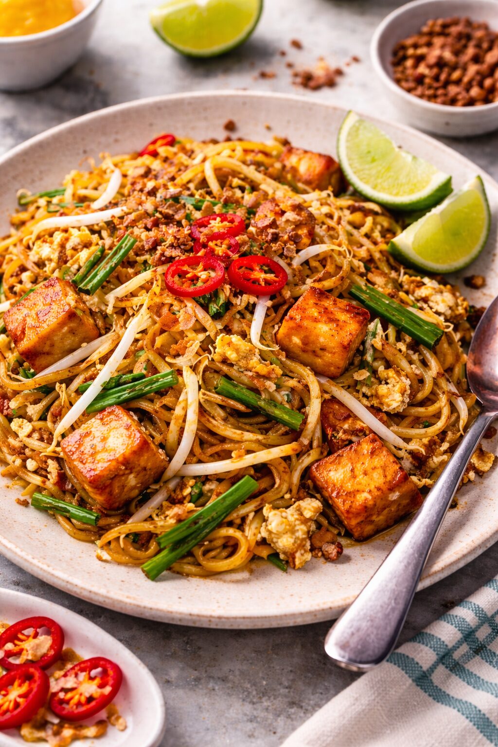 Malaysian mee goreng with tofu, egg, bean sprouts, scallions and lime wedges on a plate.