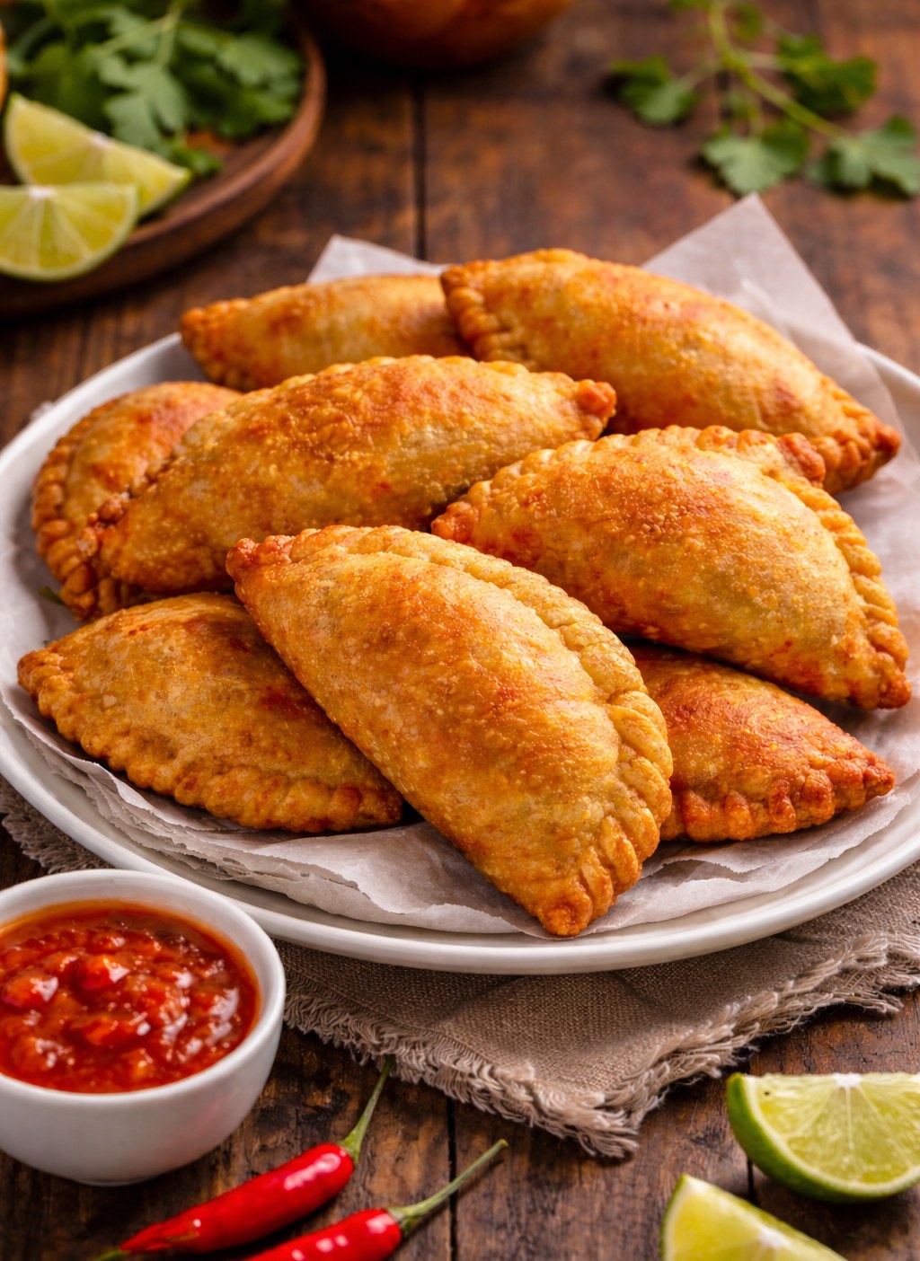 Cooked curry puffs with a bowl of chili sauce.