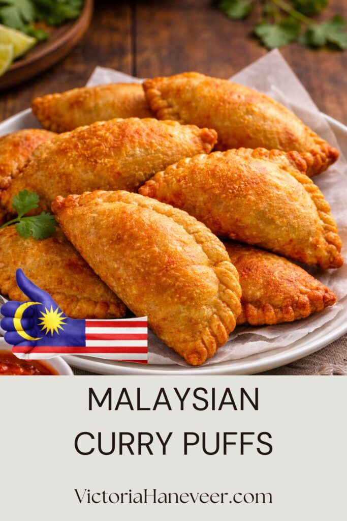 Malaysian curry puffs on a plate served with chili sauce for dipping.