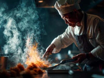 A chef cooking over a very high heat to give a wok hei touch to the food cooking in the wok.