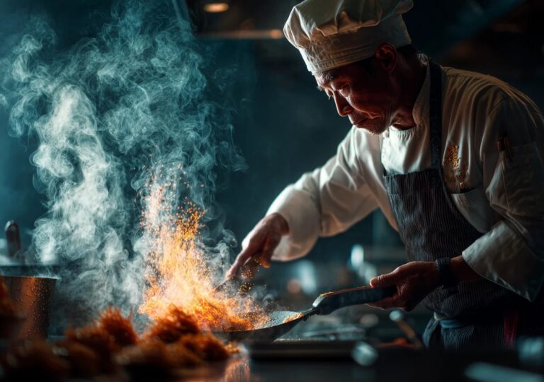 A chef cooking over a very high heat to give a wok hei touch to the food cooking in the wok.