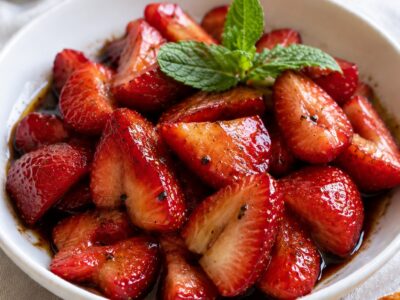 Balsamic strawberries in a white dish with a sprig of mint for garnish.