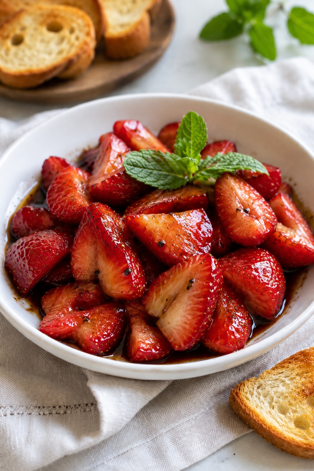 Balsamic strawberries in a white dish with a sprig of mint for garnish.