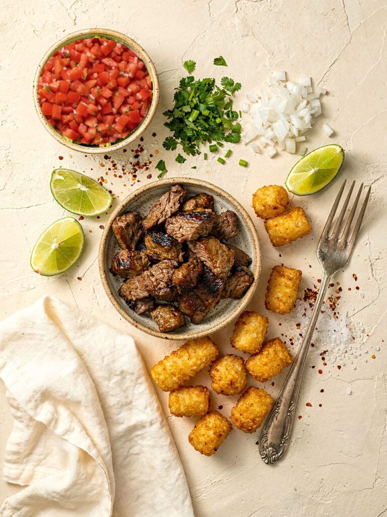 Overhead ingredient shot of carne asada steak with tater tots, pico de gallo, onion, cilantro and lime.