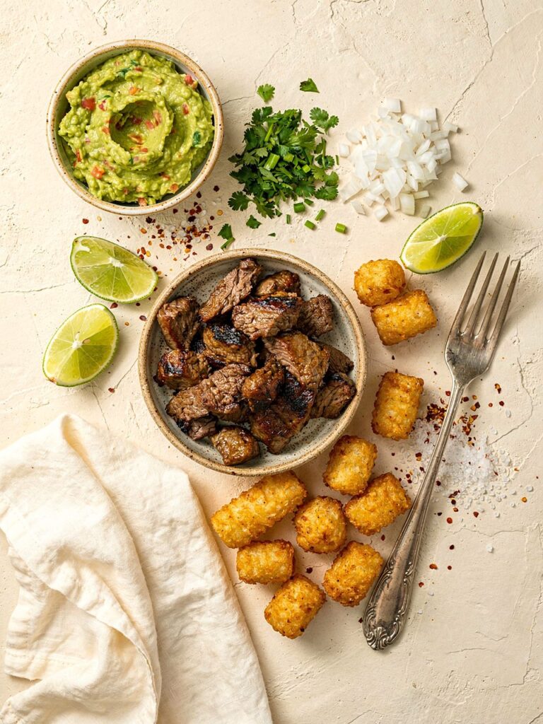 Overhead ingredient shot of carne asada steak with tater tots, guacamole, onion, cilantro and lime.