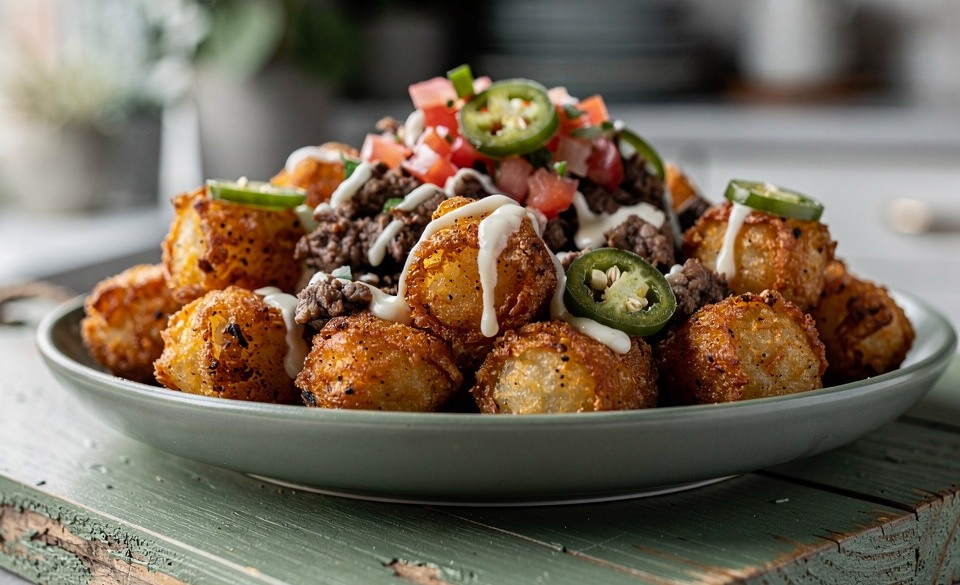 A plate of carne asada tater tots topped with pico de gallo, jalapeño and lime crema.