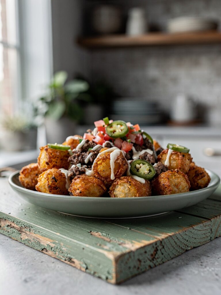 Carne asada tater tots topped with pico de gallo, jalapeño and lime crema, ready to enjoy.