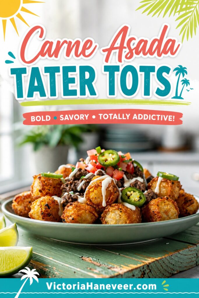 A plate of tater tots topped with carne asada and toppings.