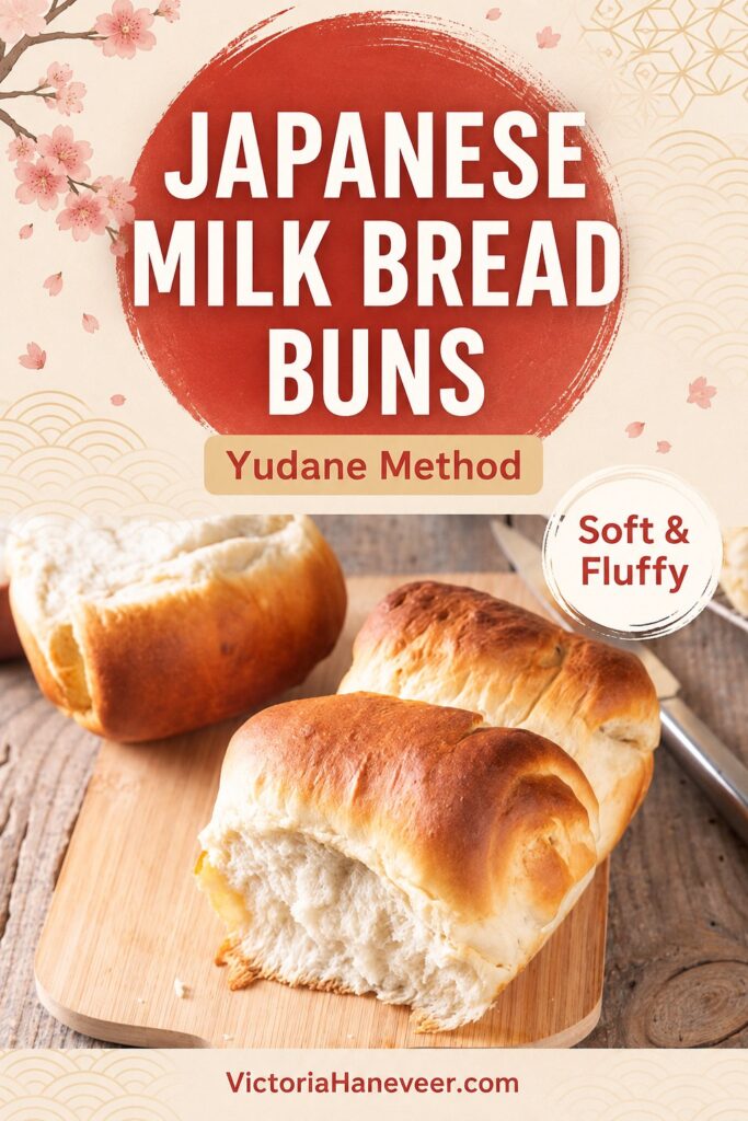 Japanese milk bread rolls on a wooden board.