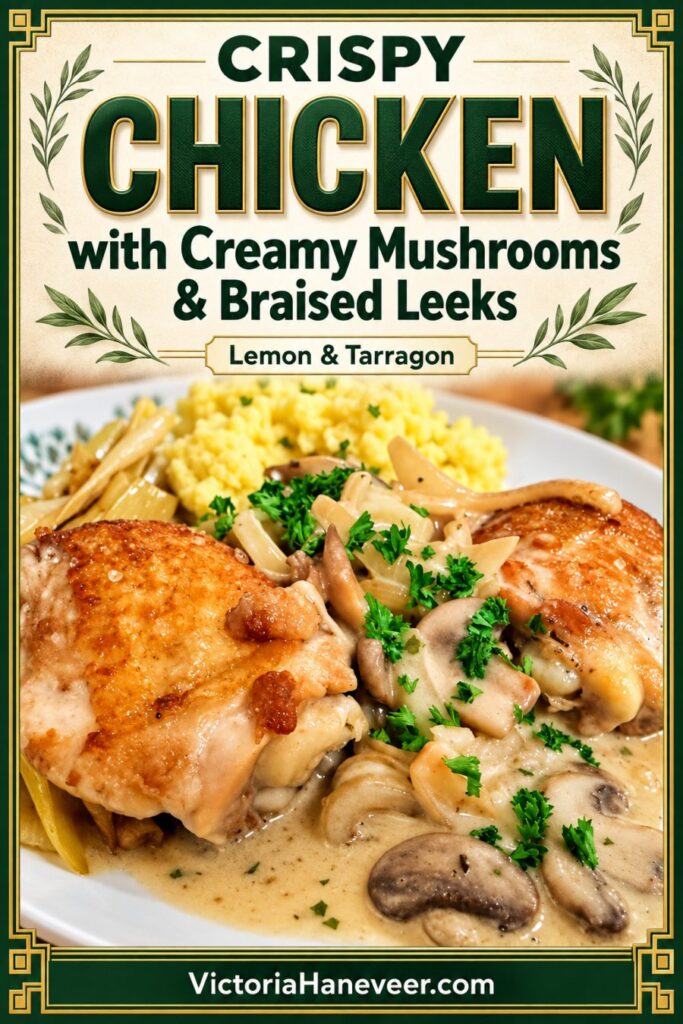 Chicken in a creamy mushroom sauce with braised leeks. Pinterest image.