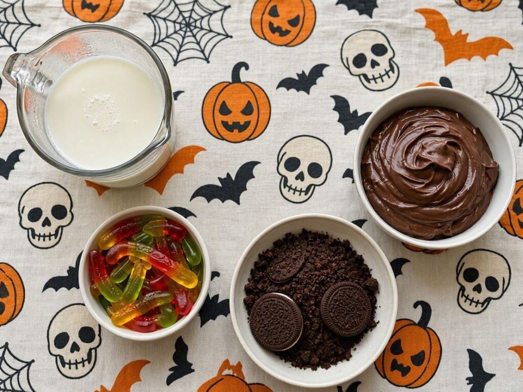 Halloween dirt and worms cups ingredients.