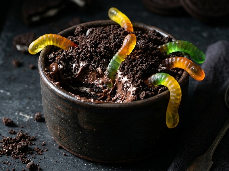 Dirt cups with jello worms in a dark-colored dish.