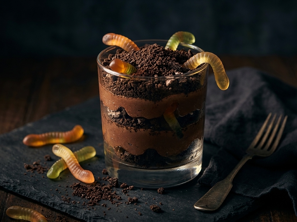 Halloween pudding dirt cups with layers and gummy worms.