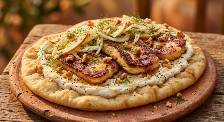 Hot honey halloumi flatbread with whipped feta, apple-fennel slaw, dill and walnuts