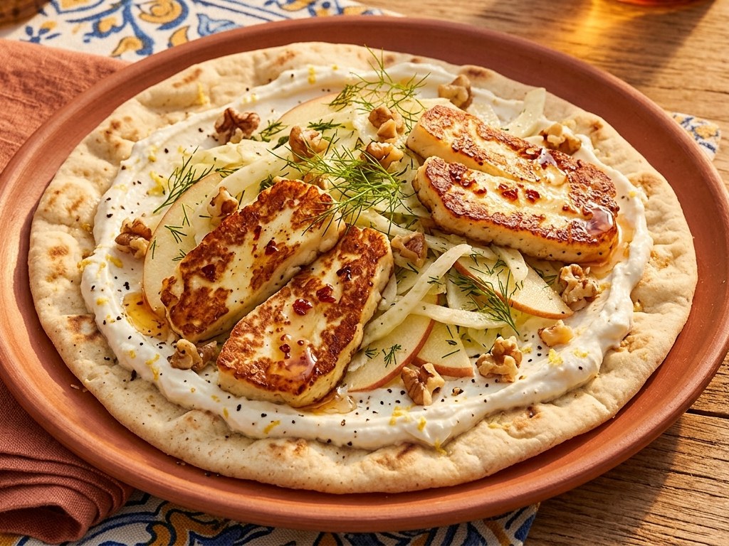 Overhead view of hot honey halloumi flatbread with whipped feta, apple, fennel, dill and walnuts