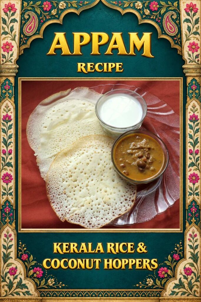 Appam recipe with curry and coconut milk, plus a text overlay.