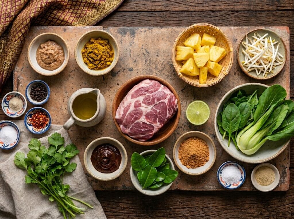 Pork shoulder, pineapple, bean sprouts, greens, lime and seasonings arranged on a board.
