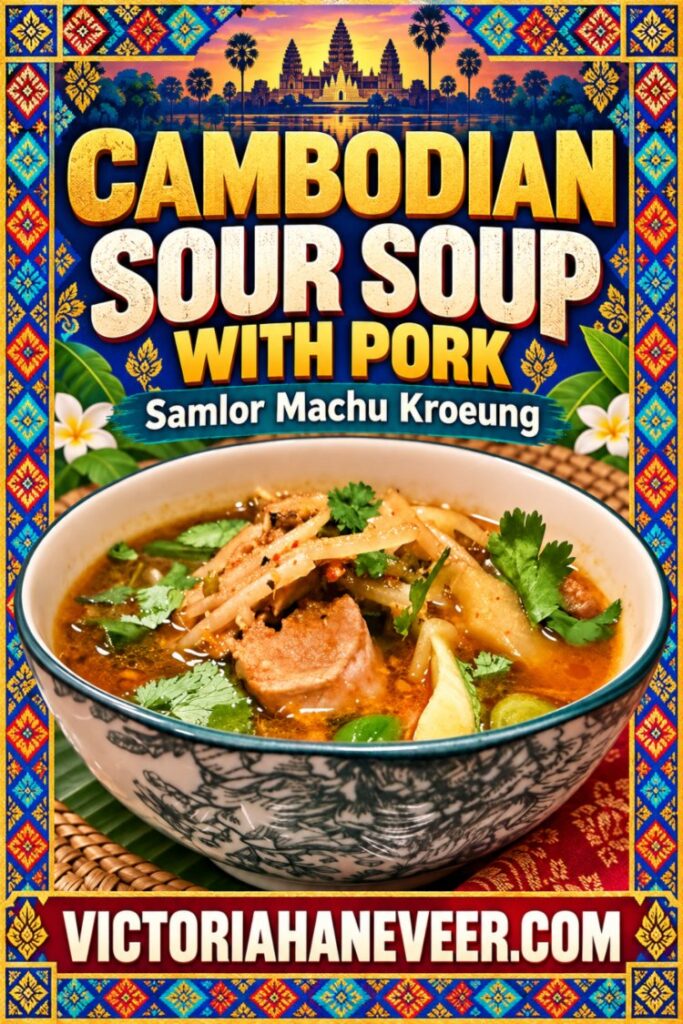 A bowl of Cambodian pork sour soup with text overlay.