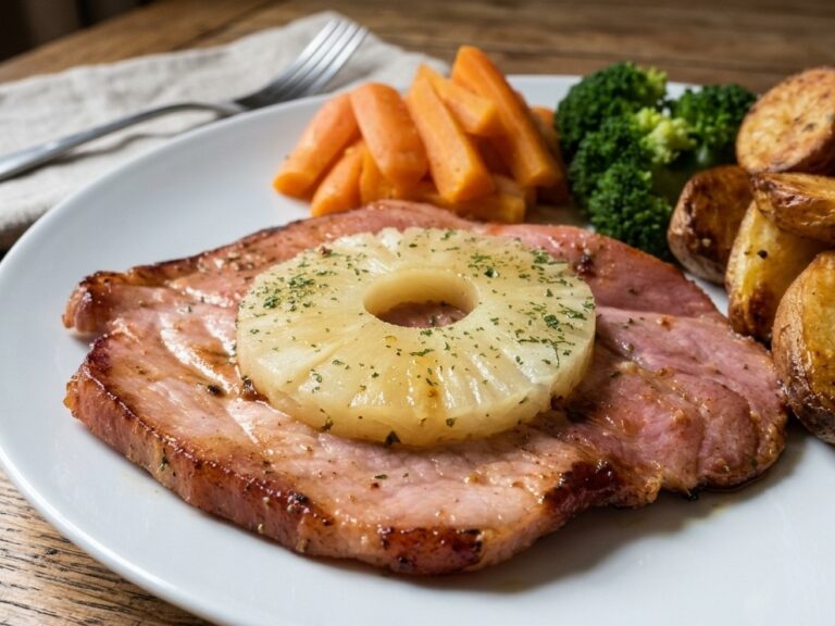 Gammon steak topped with a pineapple ring on a white plate with browned potatoes, carrots and broccoli.